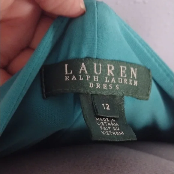 Lauren Ralph Lauren Asymmetrical Ruched Cowl Neck Dress in Blue Green - Picture 2 of 15